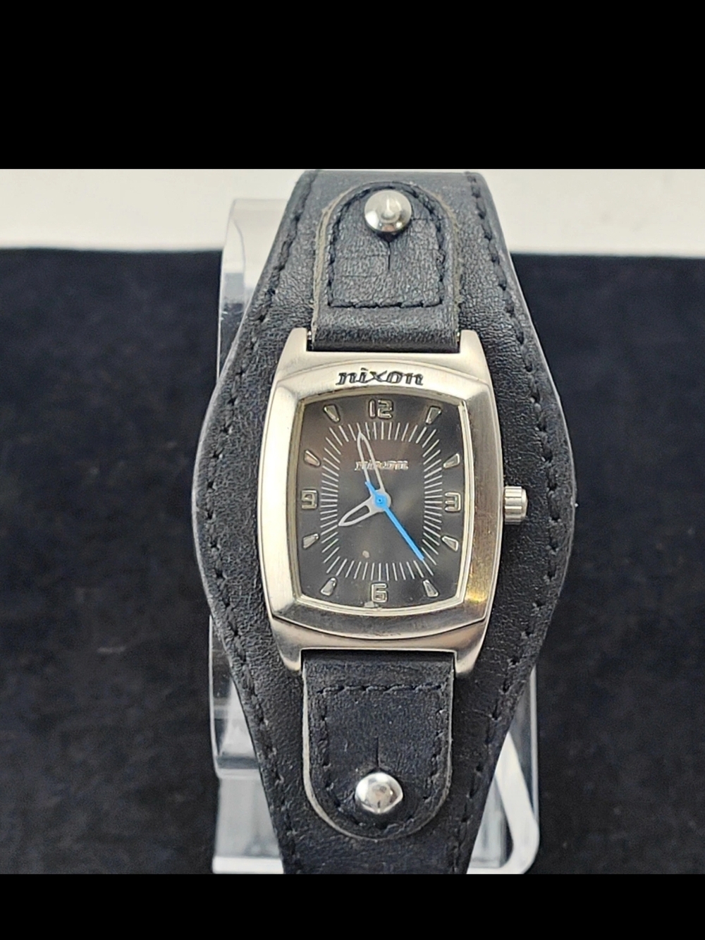 Nixon All Mine Black Leather Cuff Watch with Blue Second Hand